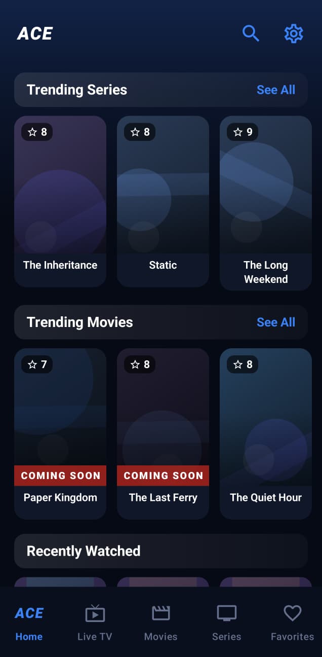 ACE Player home screen showing Trending Series and Trending Movies rails