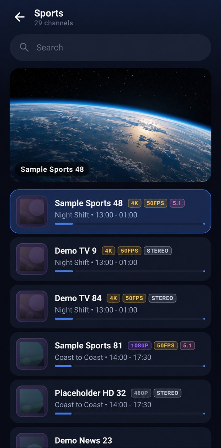 ACE Player Live TV channel list with a preview window and quality badges
